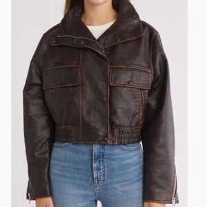 BLANK NYC Faux Leather Washed High Collar Jacket in Distressed Brown